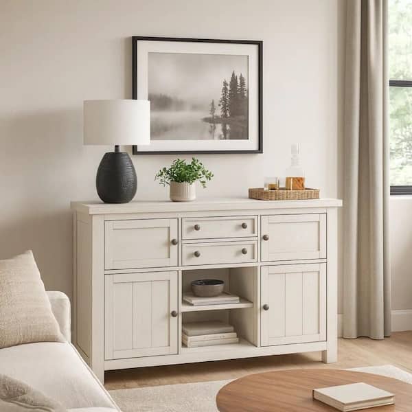 Fleur Antique White Rubber Wood Buffet Dining Room Server with 4 Cabinets