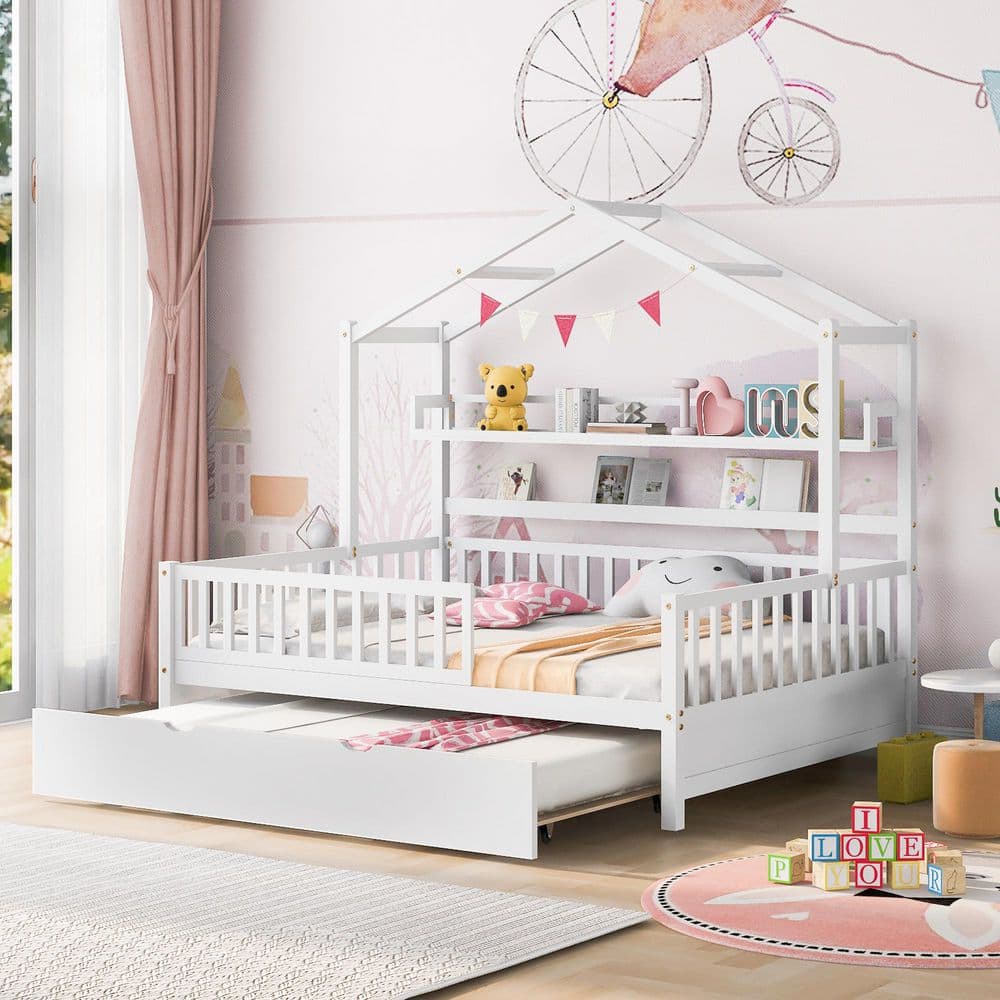 Noble House Charles White Full Size Kids House Bed with Trundle