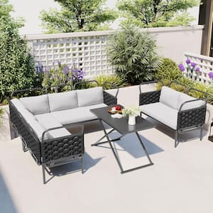 5-Piece Woven Rope Fabric Outdoor Patio Conversation Set with Gray Cushions and Glass Table