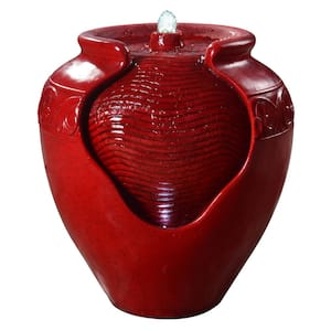16.93 in. Red Outdoor Glazed Urn Pot Floor Water Fountain with LED light