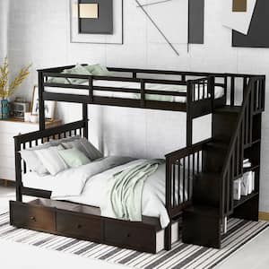 Espresso Twin Over Full Stairway Bunk Bed with 3 Drawers and Bookshelves, Wood Kids Bunk Bed Frame with Stairway