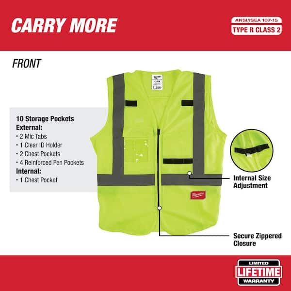 Small/Medium Yellow Class 2 High Visibility Safety Vest with 10 Pockets (12-Pack)