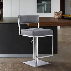 34 in. Gray Low Back Metal Bar Stool with Faux Leather Seat