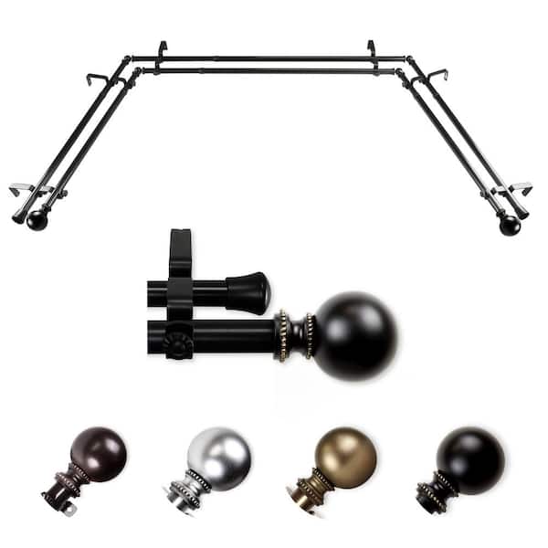 EMOH 13/16" Dia Adjustable 20"-36", 38"-72" Bay Window Double Curtain Rod with Stevie Finials in Black