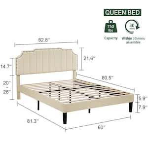 Upholstered Bed Beige Metal plus Wood Frame Queen Platform Bed with Tufted Adjustable Headboard/Mattress Foundation