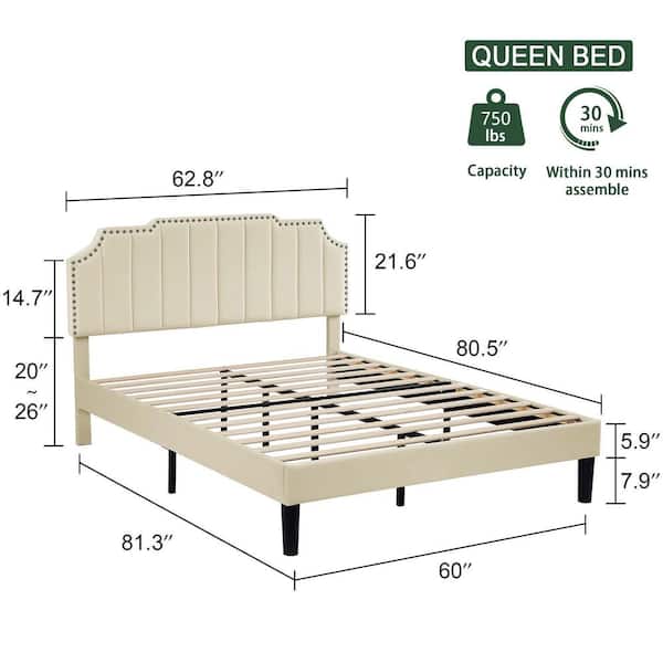 Upholstered Bed Beige Metal plus Wood Frame Queen Platform Bed with Tufted Adjustable Headboard/Mattress Foundation