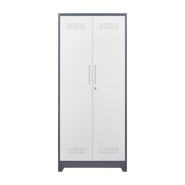 5-Tier 72.8 in. H Metal Heavy Duty Adjustable Shelves Storage Cabinet Locker in White and Gray with Hanging Rod and Key