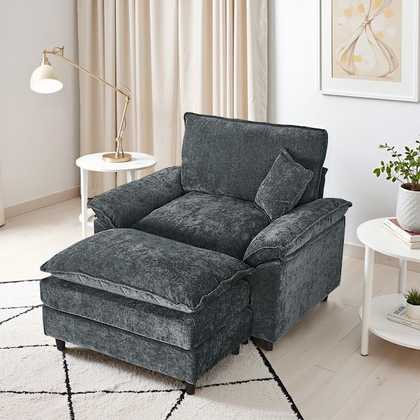 WONDER COMFORT Oversized Gray Chenille Soft Single Sofa Arm Chair with Ottoman and 1-Small Pillow for Bedroom and Living room
