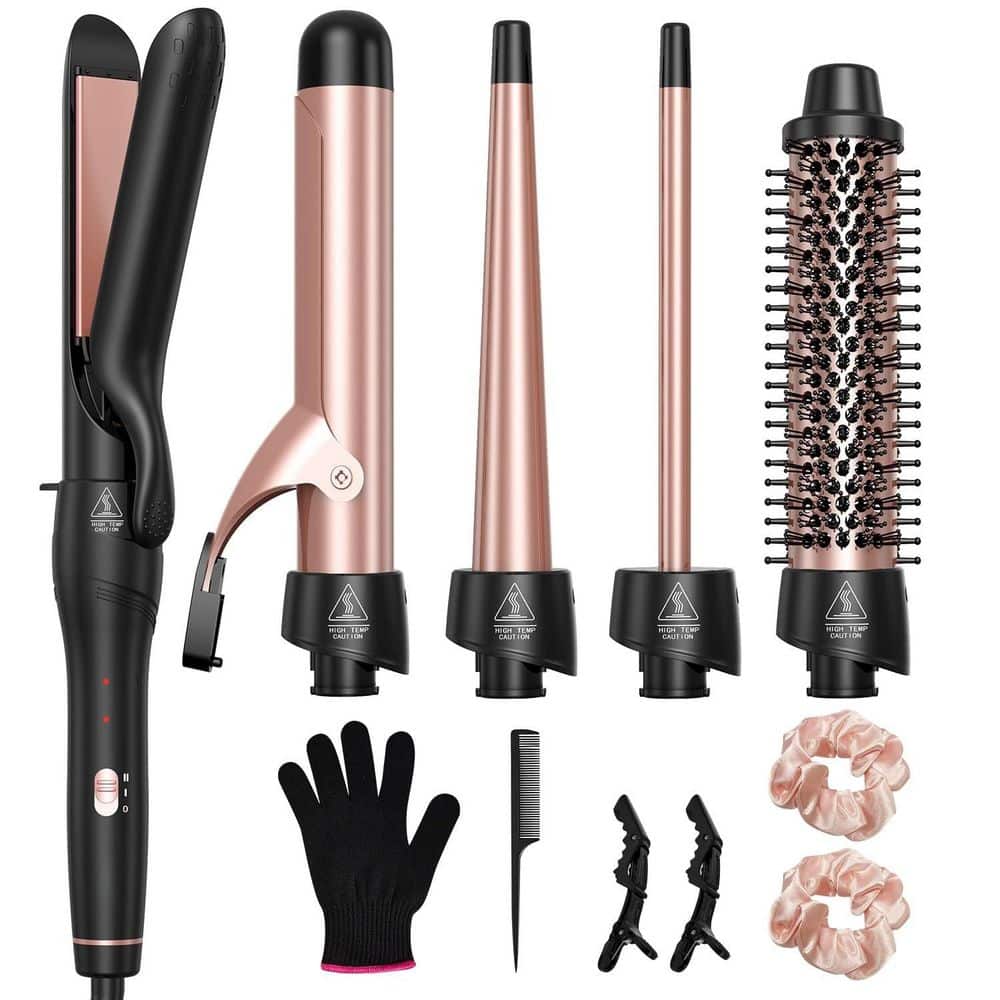 5 in 1 Curling Iron with Thermal Brush and 4 Interchangeable Ceramic Barrels, Curling Wand Set with Flat Iron