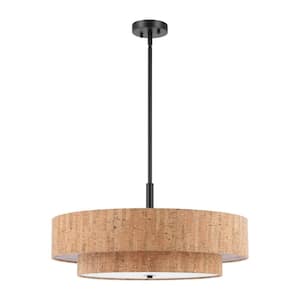 5-Light Black/Tan Double Shaded Drum Chandelier with Textured Cork Shades