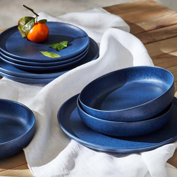 STONE LAIN Macchio 12-Piece Blue Matte Stoneware Dinnerware Set