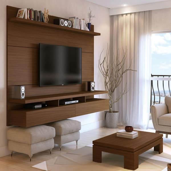 Manhattan Comfort City 87 in. Nut Brown Composite Floating Entertainment Center Fits TVs Up to 80 in. with Wall Panel