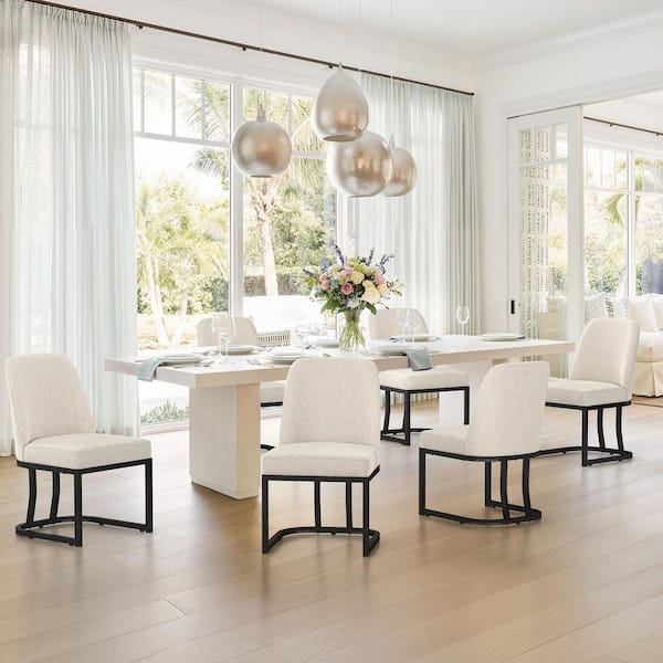 Modern Linen Fabric Curved Backrest Dining Chair Black Metal Legs Kitchen Chair with Removable Pads Set of 6