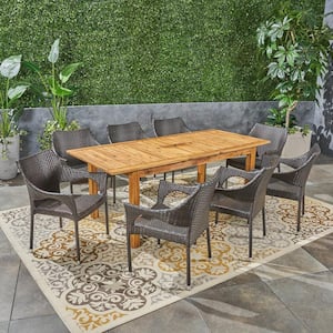 Damon Natural 9-Piece Wood and Multi-Brown Faux Rattan Outdoor Dining Set