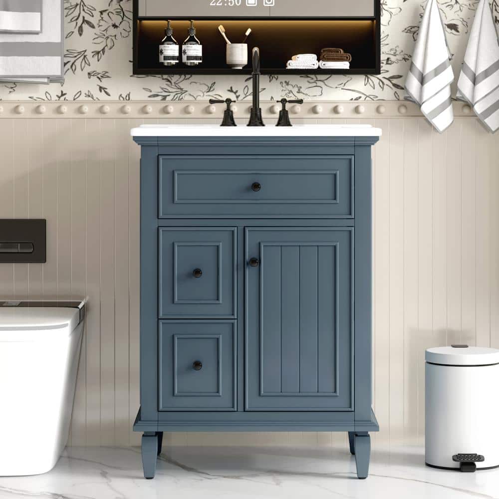 FAMYYT 24 in. W Single Sink Freestanding Blue Solid Wood Frame