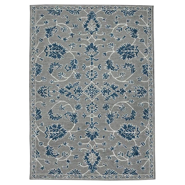2 ft. x 3 ft. Gray Blue And Ivory Wool Floral Medallion Hand Hooked Area Rug