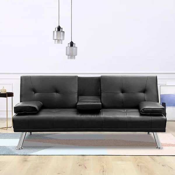 Homfa Upholstered Couch Sofa Bed, 66.3'' Folding Futon Sofa with Removable  Armrests and 2 Cup Holders for Living Room, Black 
