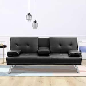 70 in. W Black Faux Leather Twin Size Sofa Bed,Convertible Folding Lounge Sofa with 2 Cup Holders Removable Soft Armrest