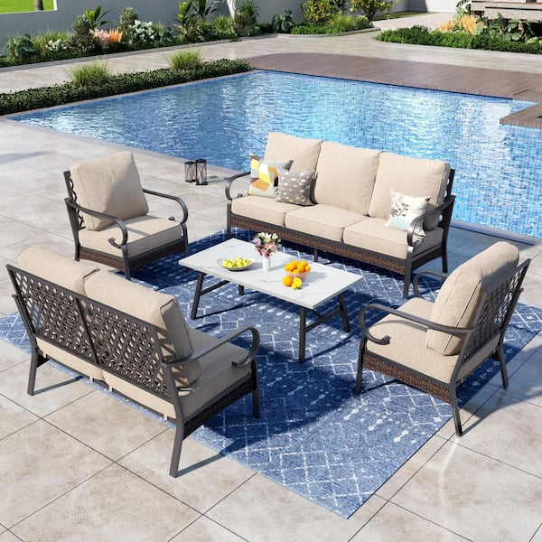 PHI VILLA 5-Piece Black Metal 7 Seats Outdoor Patio Conversation Set with Fixed Chair, Marbling Coffee Table and Beige Cushions