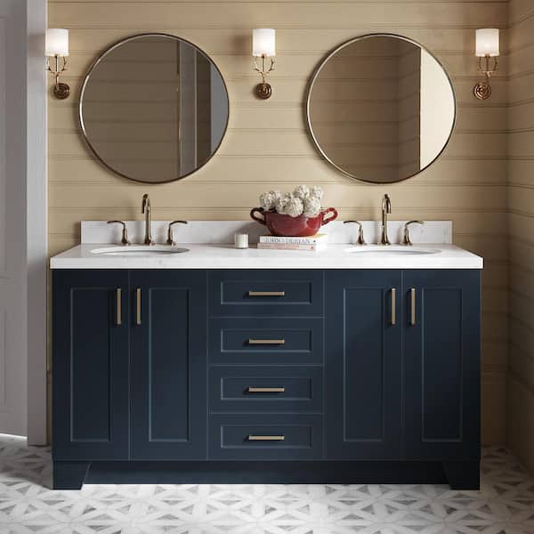 ARIEL Taylor 66.25 in. W x 22 in. D x 36 in. H Double Sink Freestanding Bath Vanity in Midnight Blue with Carrara Quartz Top