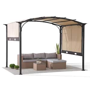 9.5 ft. x 11 ft. Outdoor Steel Arched Pergola with Adjustable Canopy for Patio, Backyard, and Garden, Tan and Brown