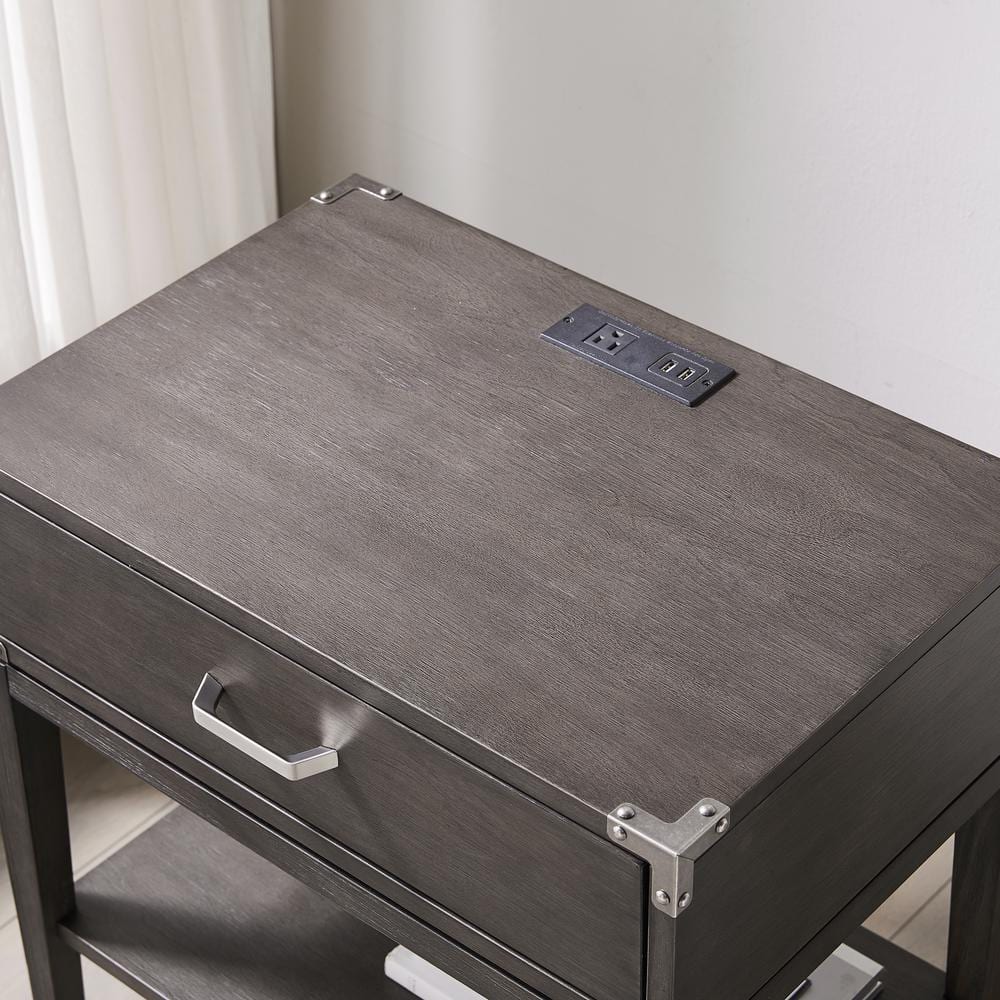 Beckett Anthracite Solid Wood Nightstand with USB Charging Port