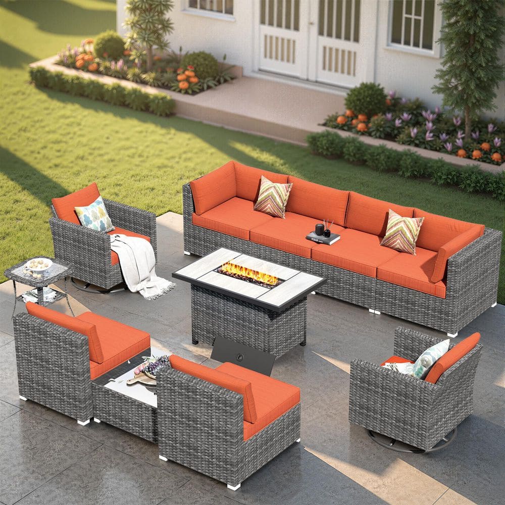Messi Grey 11-Piece Wicker Outdoor Patio FirePit Conversation Sofa Set with Swivel Chairs and Orange Red Cushions price history on PriceWatchPro