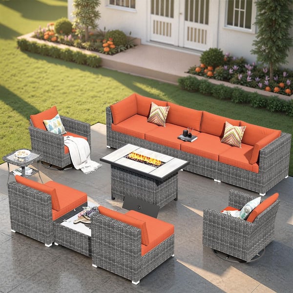 HOOOWOOO Messi Grey 11-Piece Wicker Outdoor Patio FirePit Conversation Sofa Set with Swivel Chairs and Orange Red Cushions