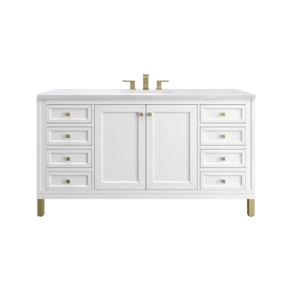 James Martin Vanities Chicago 60 in. W x 23.5 in. D x 34 in. H Bathroom Vanity in Glossy White with Arctic Fall Solid Surface Top -  305-V60S-GW-3AF