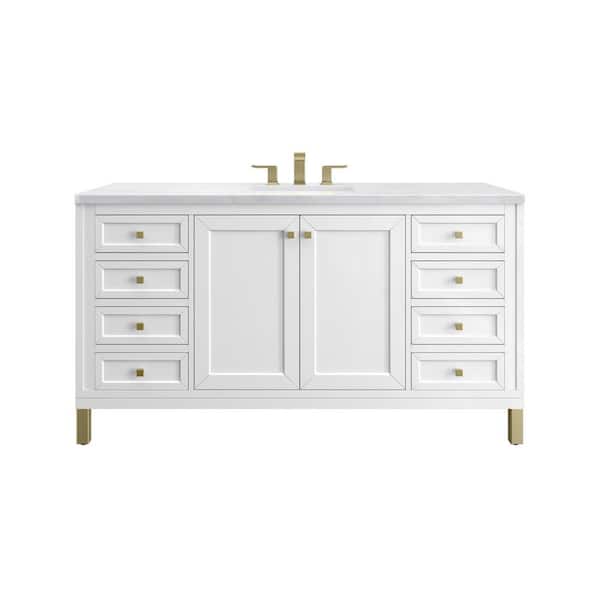 James Martin Vanities Chicago 60 in. W x 23.5 in. D x 34 in. H Bathroom Vanity in Glossy White with Arctic Fall Solid Surface Top