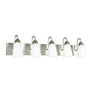 Seville 35 in. 5-Light Brushed Nickel Transitional Modern Wall Bathroom Vanity Light with White Etched Glass Shades