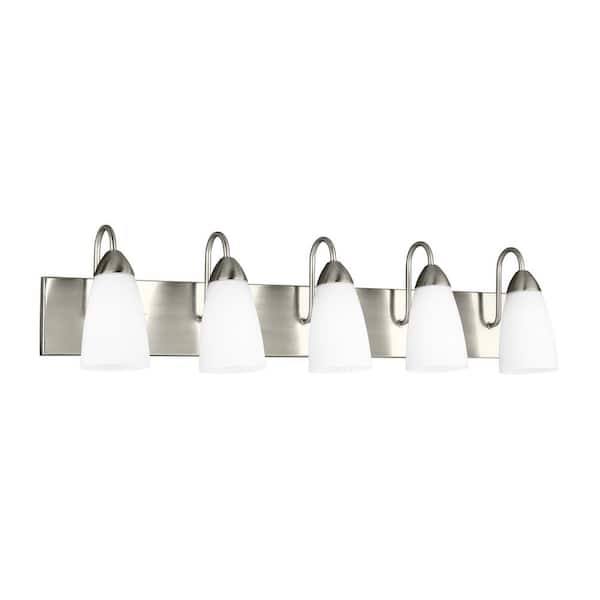 Generation Lighting Seville 35 in. 5-Light Brushed Nickel Transitional Modern Wall Bathroom Vanity Light with White Etched Glass Shades