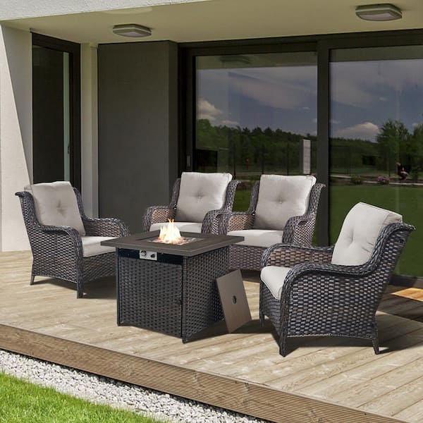 Gymojoy Carolina Brown 5-Piece Wicker Patio Fire Pit Seating Set with Beige Cushions