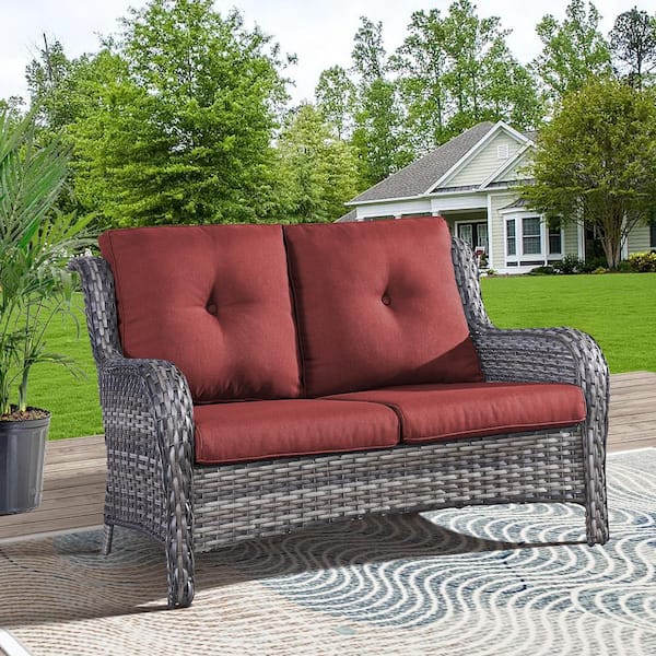 Gymojoy Carolina Wicker Outdoor Loveseat with Red Cushions