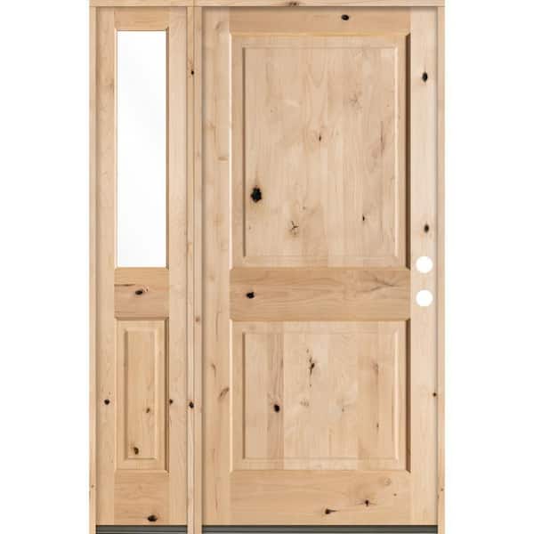Krosswood Doors 56 in. x 80 in. Rustic Knotty Alder 2-Panel Sidelite Left-Hand/Inswing Clear Glass Unstained Wood Prehung Front Door