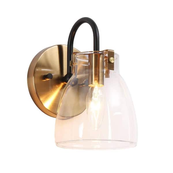 Black and Gold Wall Sconce, 1-Light Modern Transitional Bathroom Vanity Light with Clear Glass Shade