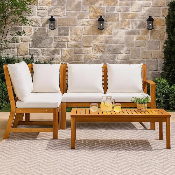 Benjara Faye Brown 4-Piece Wicker Rattan Outdoor Sectional Sofa Set with Red Cushion