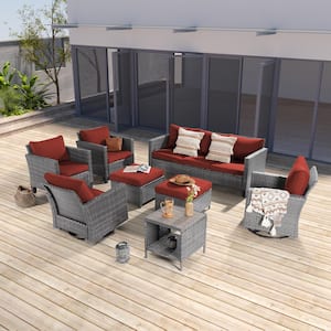 Patio Outdoor Grey Wicker Conversation Seating Set Thickening Cushions With Swiveling Rocker, 8-Piece, Rust Red