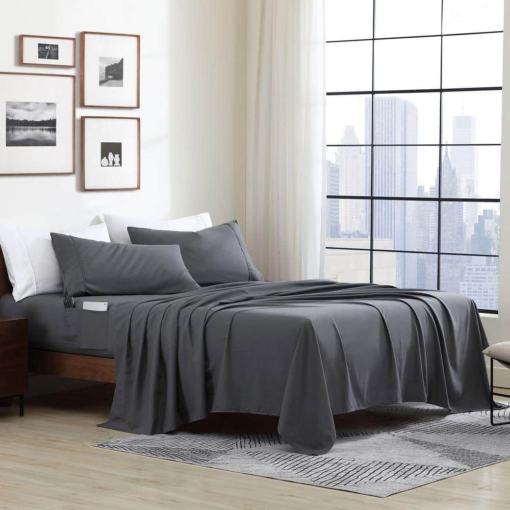 Gray Queen Microfiber Sheet Set with Smart Storage Pockets