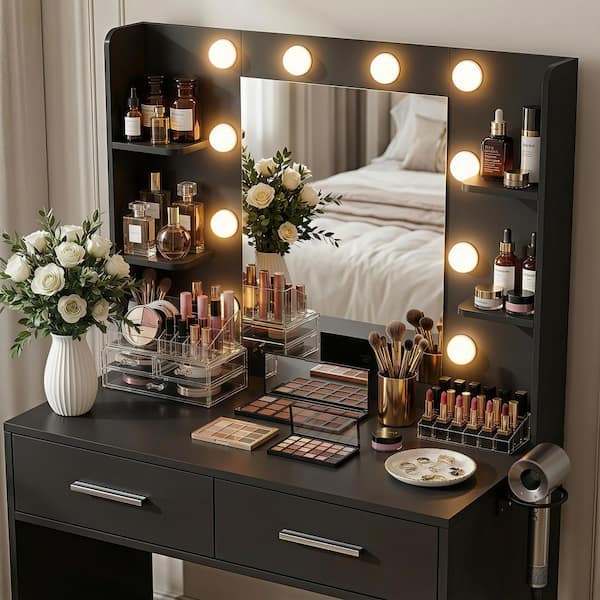 dark brown dressing table mirror HomeRoots Dark Brown Finish Vanity Table With Mirror