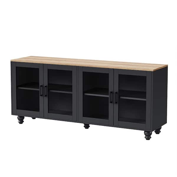 Black Plus Dark Walnut TV Stand Fits TV's Up to 70 in. with Tempered Glass Doors
