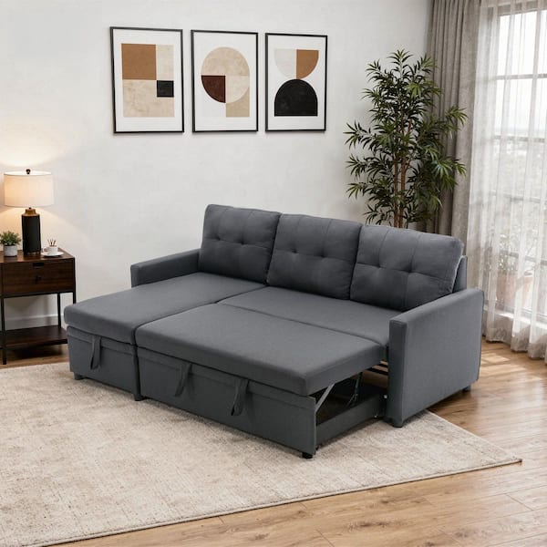HOMESTOCK 84.64 in. Black Tufted Faux Leather Twin Size 3-Seat