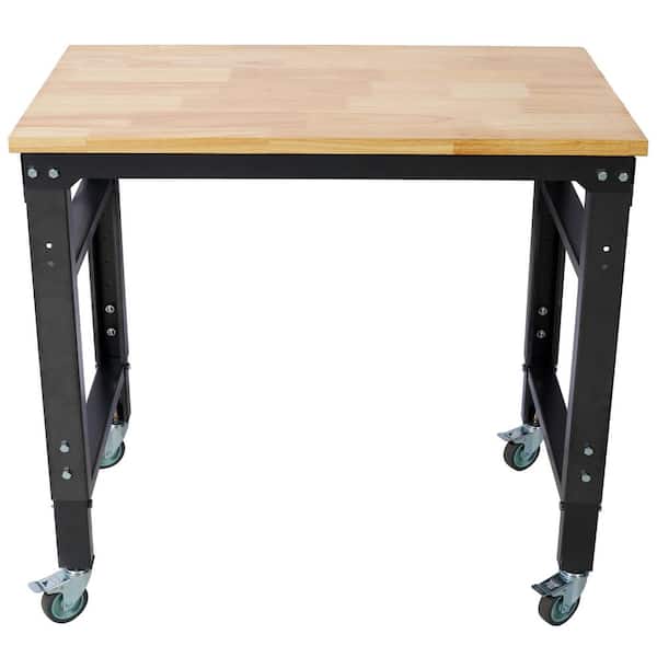 20 in. W x 35 in. D Rolling Work Table, Adjustable Workbench Tool with Rubber Wood Top, Black