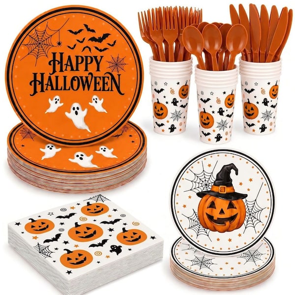 168-Piece Halloween Pumpkin Ghost Bat Disposable Tableware with Paper Plates, Cups, Napkins, Plastic Silverwar for 24