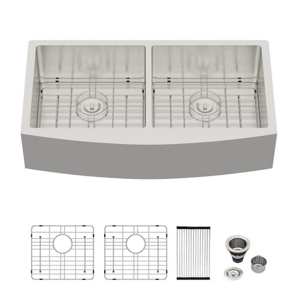 36 in. Farmhouse/Apron-Front 50/50 Double Bowl 16-Gauge Stainless Steel Brushed Kitchen Sink with Bottom Grids