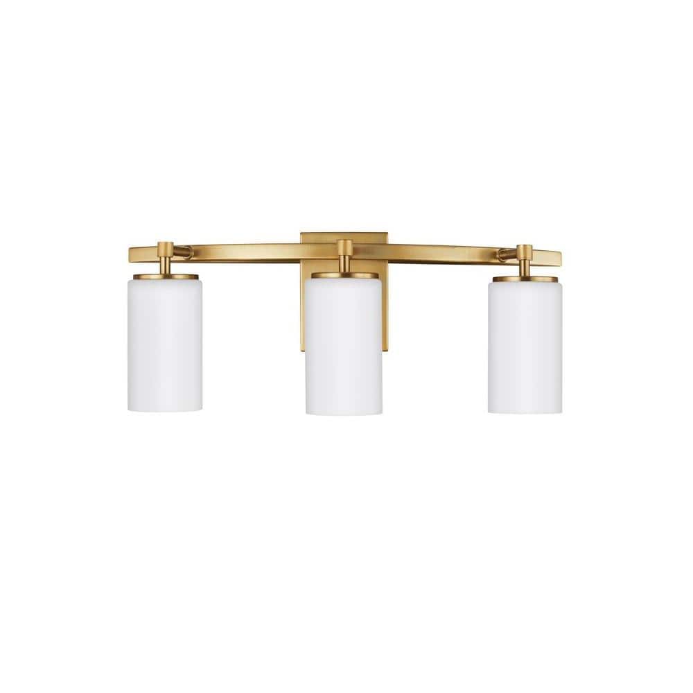 Satin Brass 3-Light Wall Bath Sconce with Etched White Glass