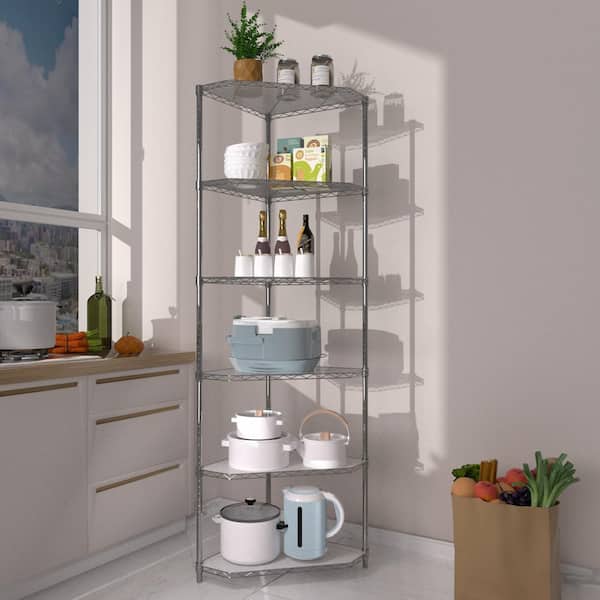 FUNKOL 6-Tier Heavy Duty Steel Wire Corner Shelving Unit in Chrome (20 in. W x 20 in. H x 72 in. D)