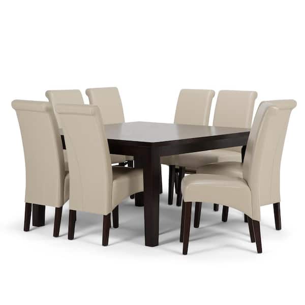 Simpli Home Avalon Transitional 9-Piece Dining Set with 6 Upholstered Dining Chairs in Satin Cream Faux Leather and 54in. Wide Table