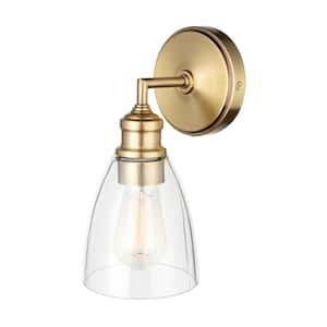 Molly 1-Light Matte Brass Plug-In or Hardwire Wall Sconce with Clear Glass Shade, LED Bulb Included