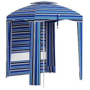 5.8 ft. Polyester Beach Umbrella with Double-Top, Outdoor Cabana with Vent Sandbags & Carry Bag in White Stripe